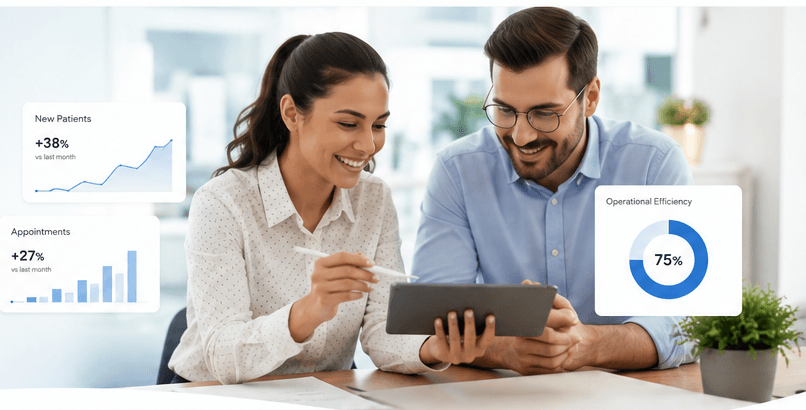 Healthcare professionals reviewing analytics on a tablet